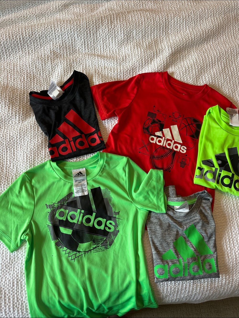 adidas Kids Short Sleeve Tees - Bright Green, Red, Black, Neon Green, Grays.